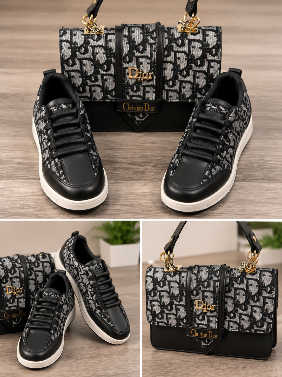 Luxury-Inspired Black Designer Handbag & Sneaker Set | Elegant Matching Fashion Collection